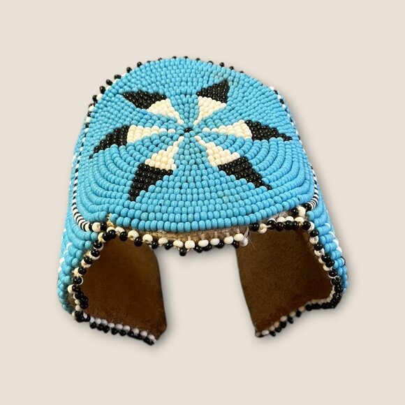 Handmade Blue Beaded Cuff Bracelet With Geometric Black & White Star Pattern - Picture 1 of 4